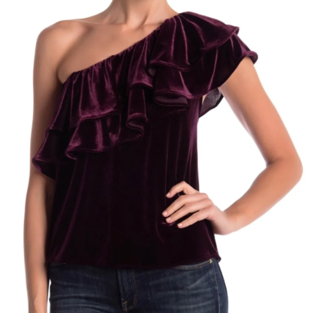MISA LOS ANGELES Agus One-Shoulder Velvet Top Plum - Picture 1 of 8